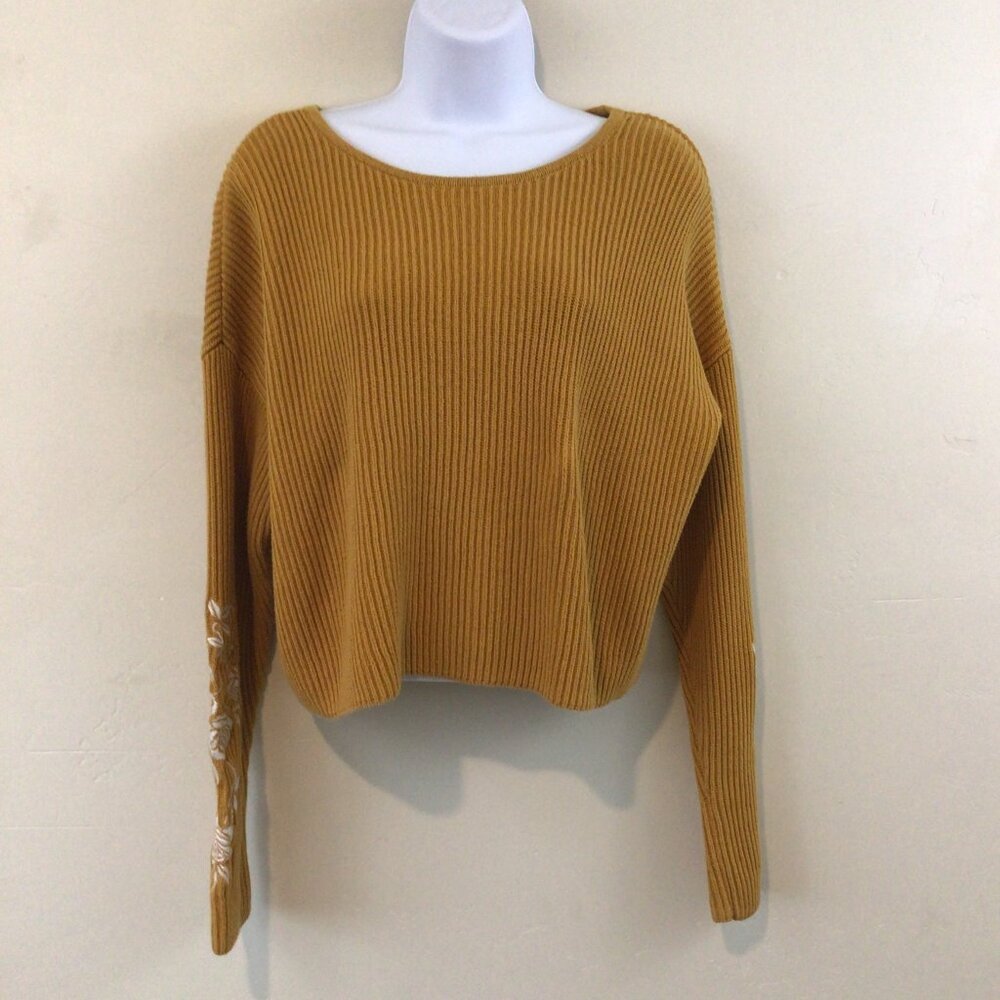 LA Hearts Mustard Yellow Ribbed Cropped Sweater with Embroidered Roses